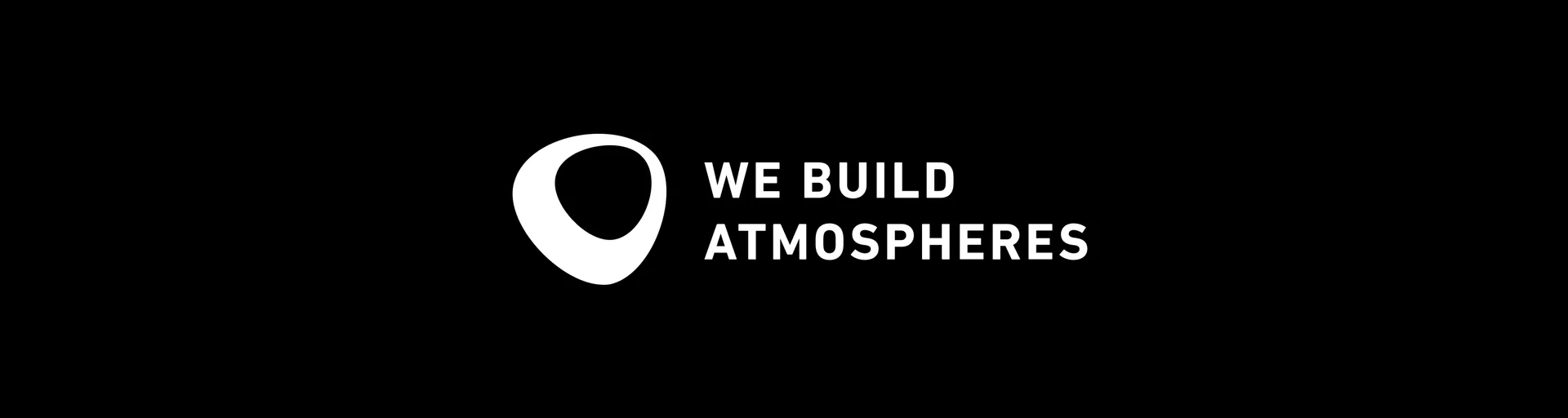 AMBION-Logo mit weißer, asymmetrischer Form und dem Schriftzug "WE BUILD ATMOSPHERES" auf schwarzem Hintergrund.