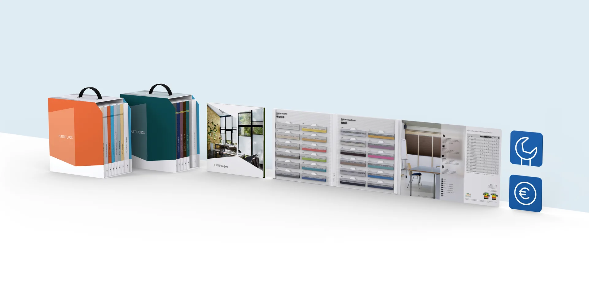 Two sample boxes for pleated and Duette blinds, alongside brochures with fabric samples and technical information, plus icons for installation and pricing.