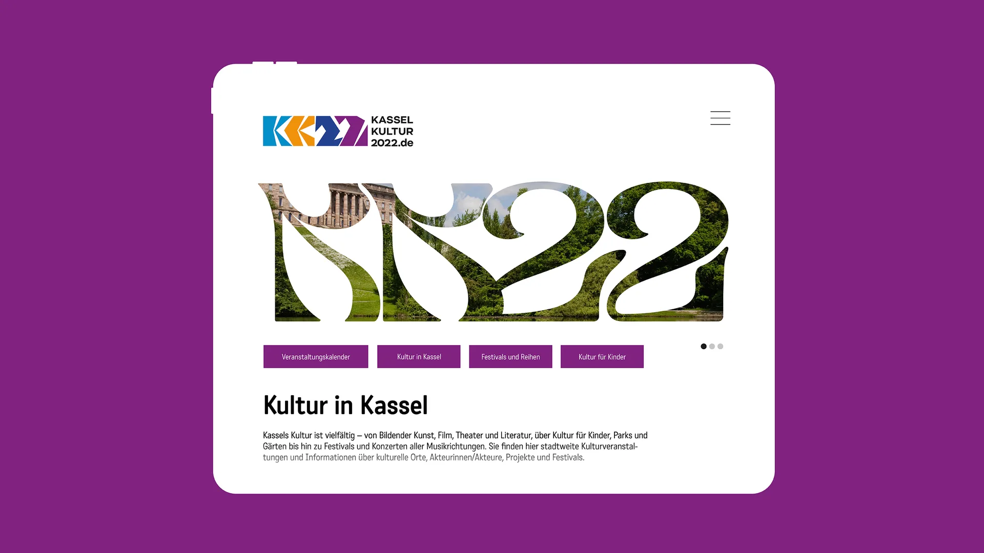 KasselKultur2022 web application of the brand identity. Logo design, brand identity, and campaign implementation by Machbar.