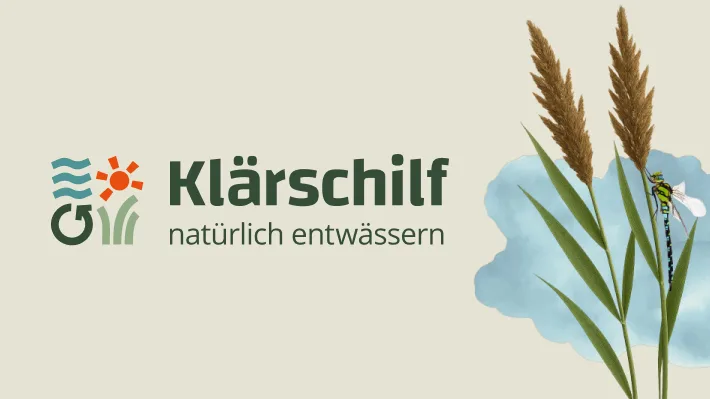 Klärschilf logo with the slogan 'naturally dewater', alongside reeds and a dragonfly against a light blue background.