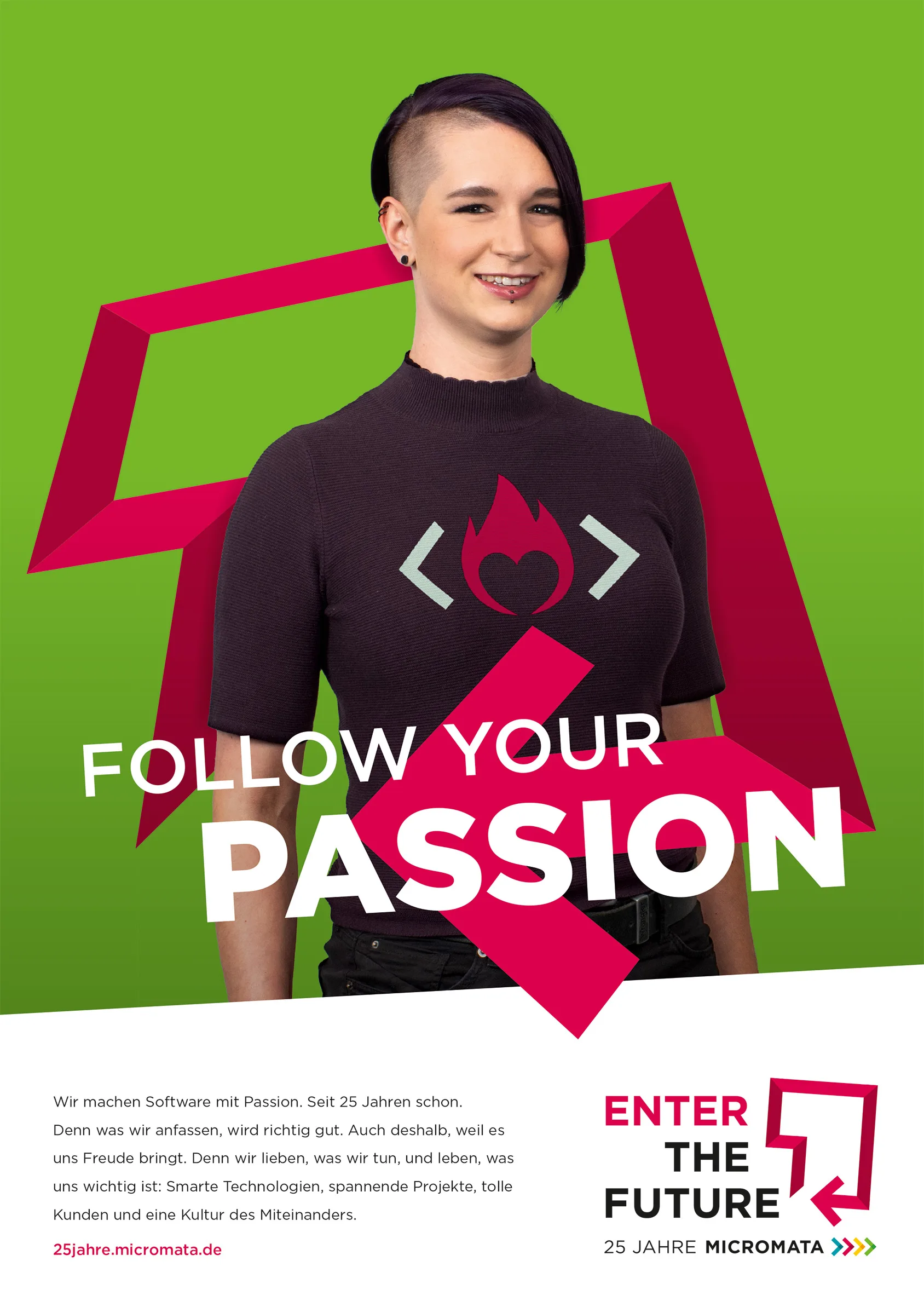 Campaign visual for 25 years of Micromata 'Enter The Future'. Creative concept, campaign logo, and implementation by Machbar.