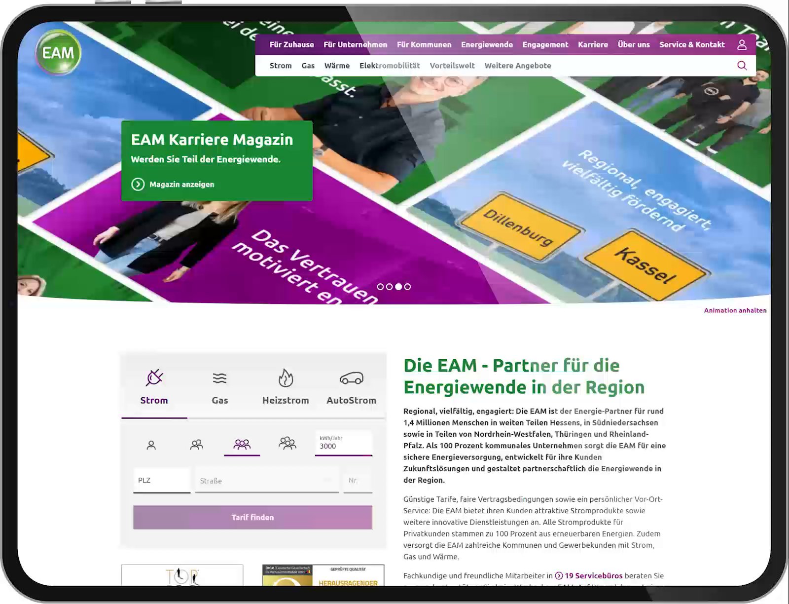 Website mockup of the EAM homepage with navigation, a careers magazine box, and a tariff search form for electricity, gas, heating electricity, and car electricity.