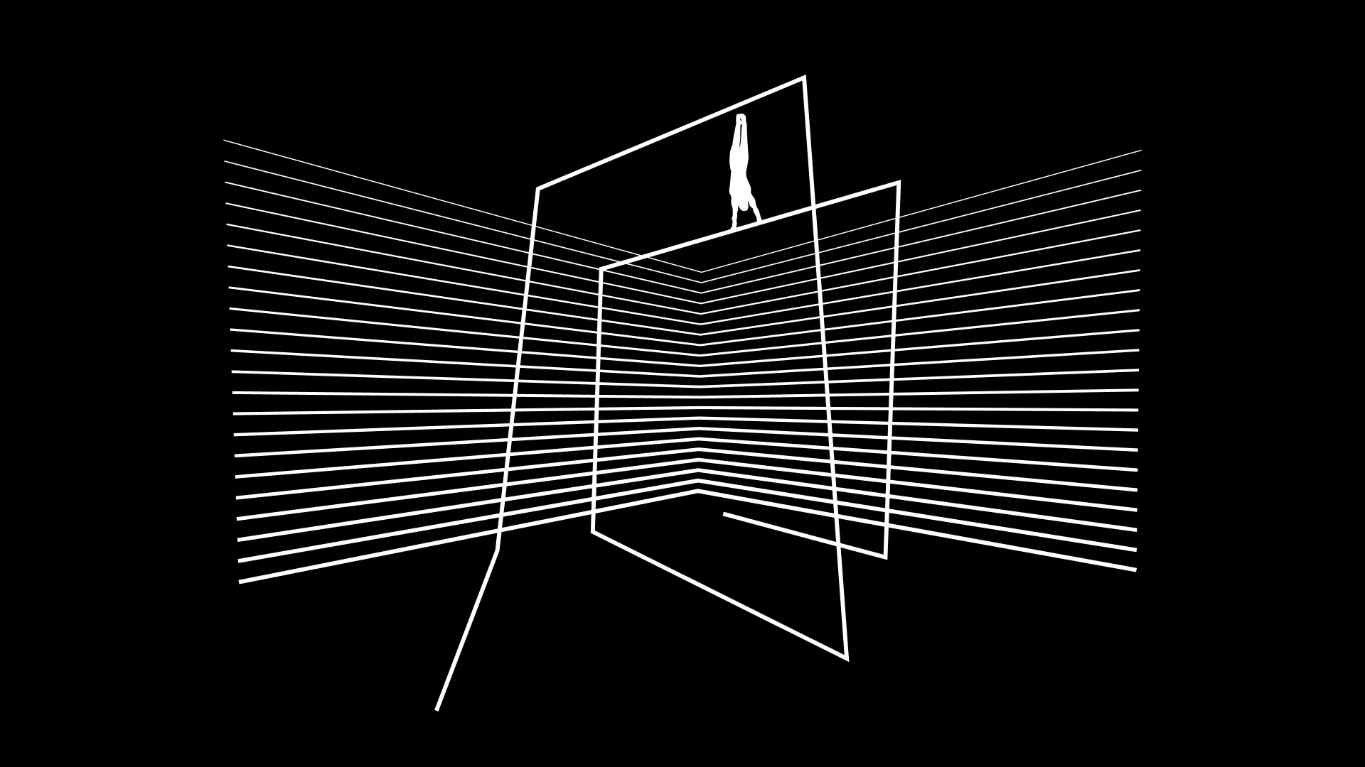 AMBION Illustration: Eine Person im Handstand auf einem Balken, umgeben von perspektivischen Linien und Rahmen auf schwarzem Hintergrund.
