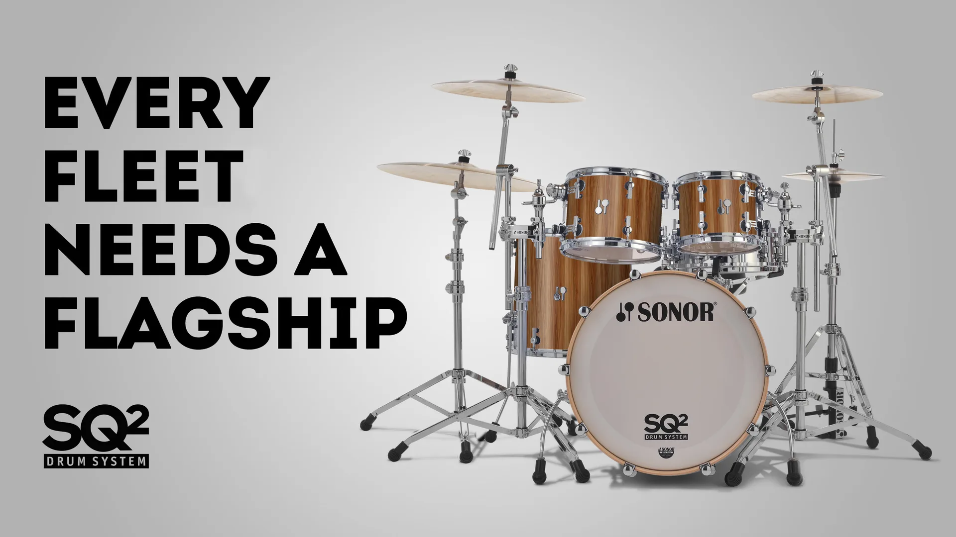Sonor SQ2 drum kit, isolated on a grey background, with the promotional headline 'Every fleed needs a flagship'.