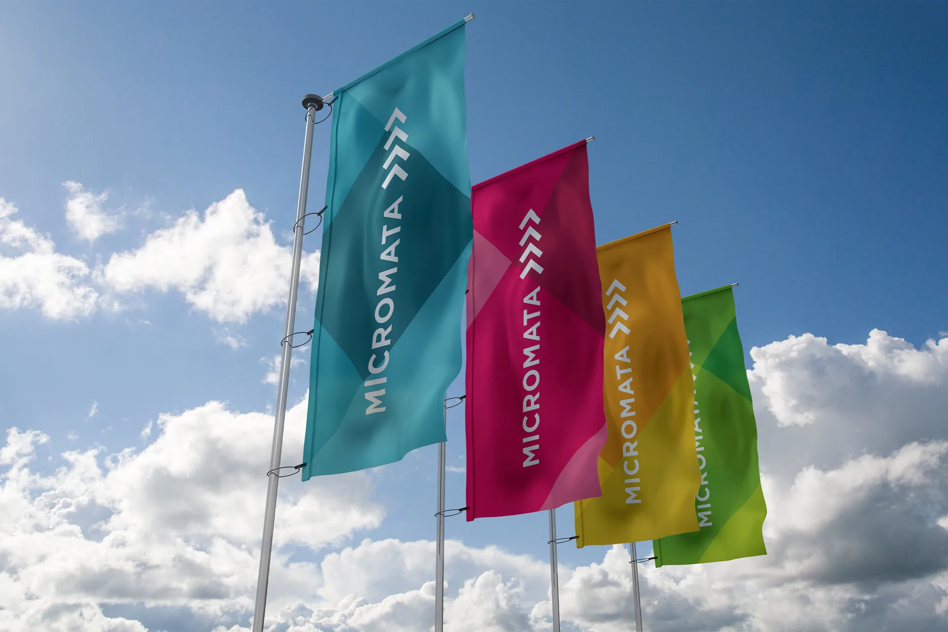 Mikromata rebranding. Logo application on flags by Machbar.