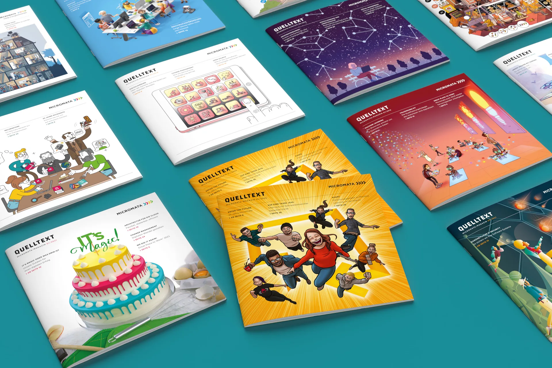 Overview of several issues of the Micromata company magazine 'Quelltext'. Editorial design and implementation by Machbar.