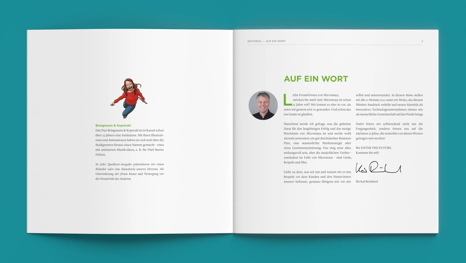 Inside the Micromata company magazine 'Quelltext'. Editorial design and implementation by Machbar.