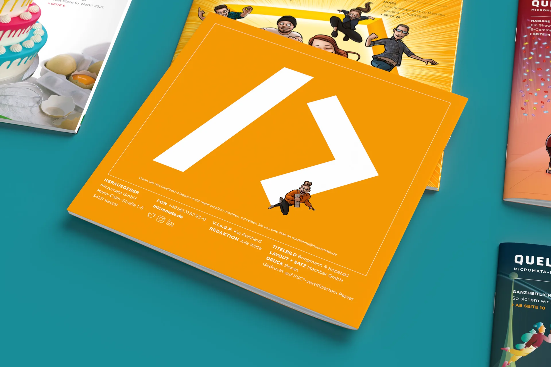 Overview of several issues of the Micromata company magazine 'Quelltext'. Editorial design and implementation by Machbar.
