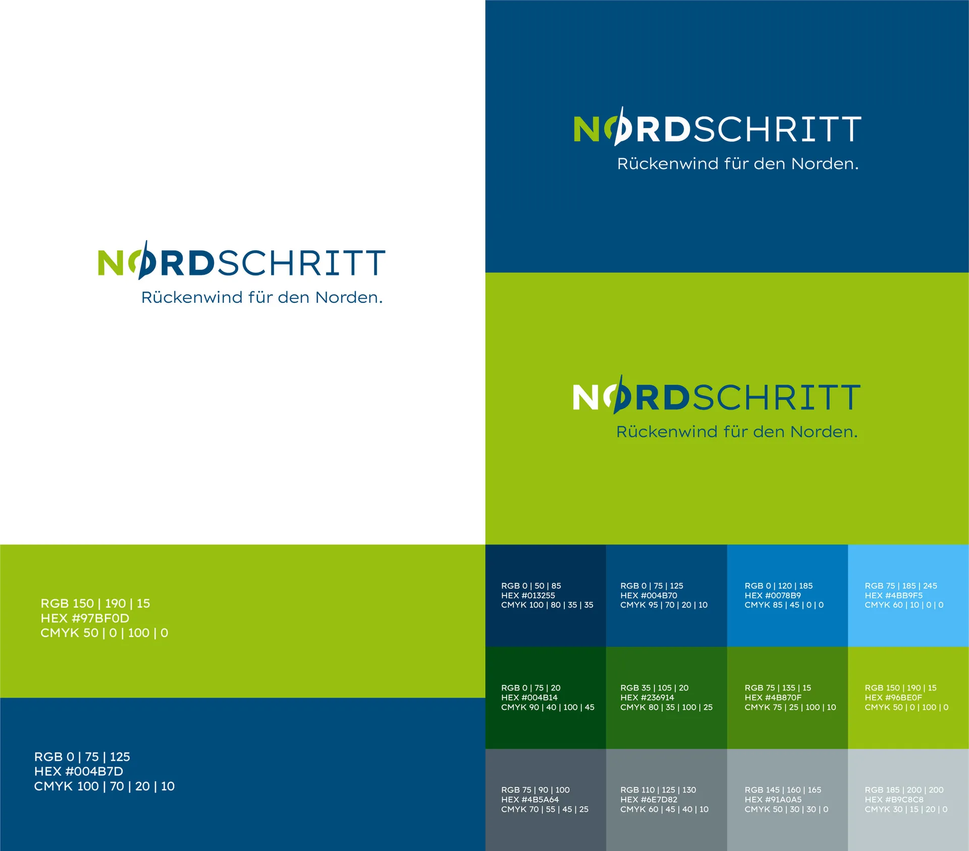 Overview of logo variations and colours for the 'Nordschritt' brand from Schwerin.