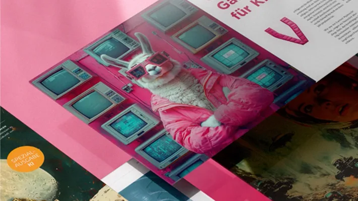 A print mockup showing a llama in a pink jacket and 3D glasses in front of monitors, alongside a flyer inscribed 'Special Edition AI'.