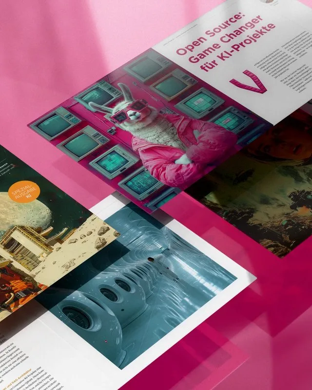 A print mockup showing a llama in a pink jacket and 3D glasses in front of monitors, alongside a flyer inscribed 'Special Edition AI'.