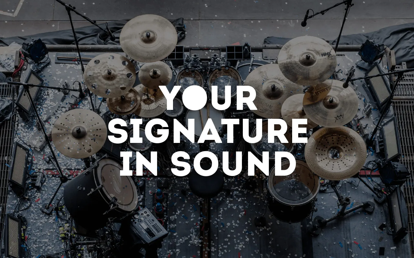 An example of Sonor's visual brand design, showing a drum kit on a stage from above, with the promotional headline 'Your signature in sound'.