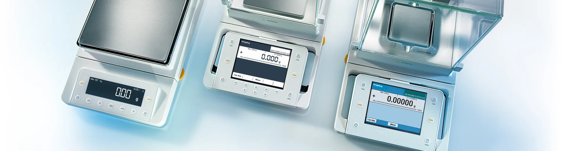 Three Sartorius Cubis laboratory balances of different sizes and designs, from a precision balance to an analytical balance with a draft shield.